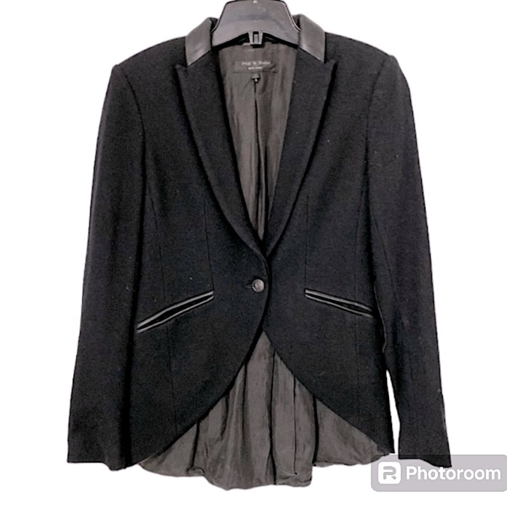 RAG & Bone 💯 Wool Leather Black Blazer Size 2